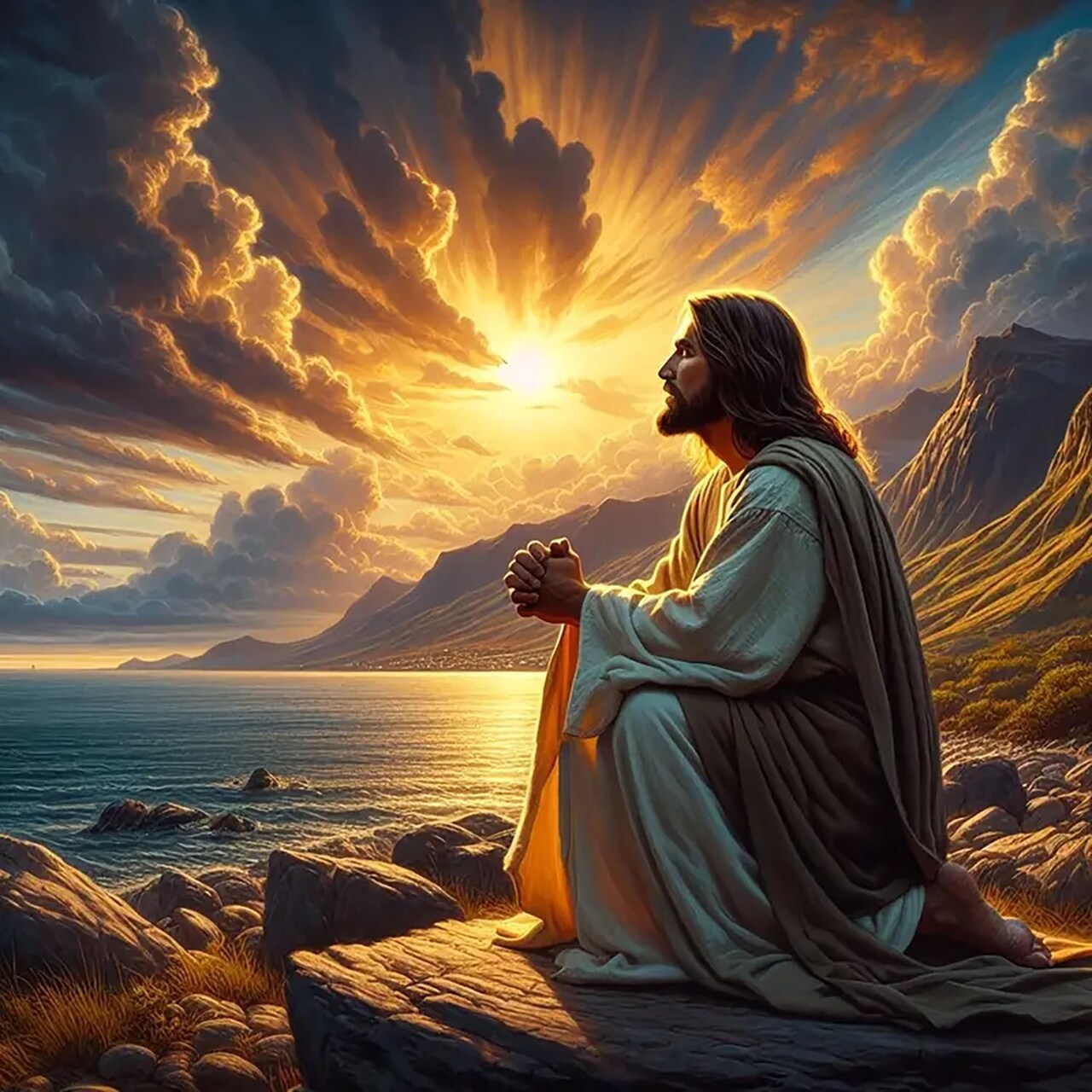 Jesus Christ Diamond Painting Kit for Adults – DIY 5D Full Round Drill Sunset Prayer Landscape Diamond Art for Beginners, Rhinestone Diamond Dots Gem Craft Picture for Home Wall Decor